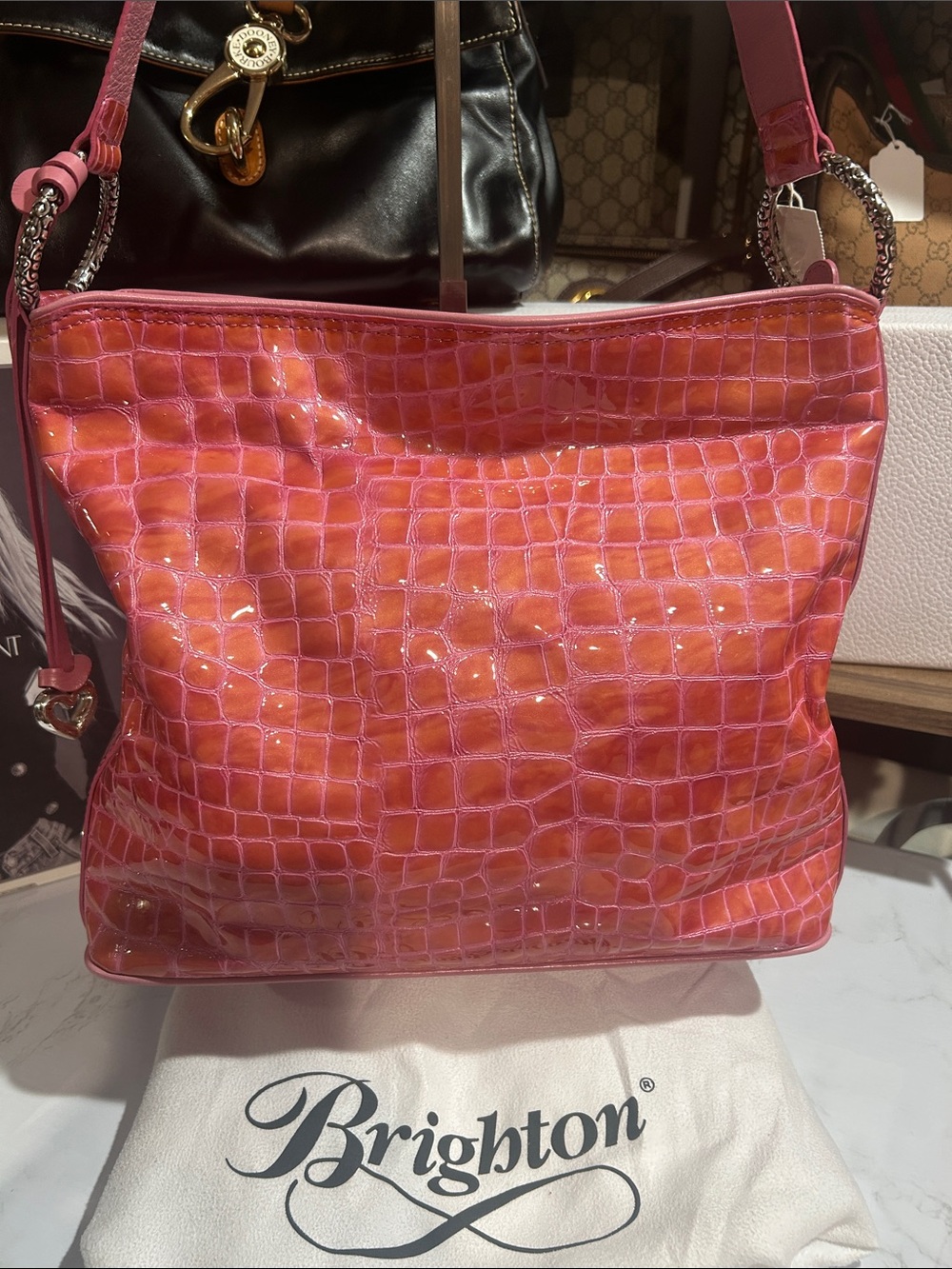 Brighton Coral Pink Croc-Embossed Shoulder Bag